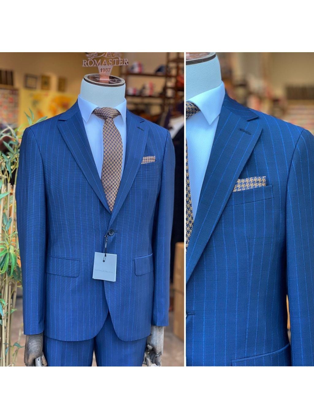 Arthur Black SUITS Arthur Black Mens Blue Pinstriped Slim Fit 100% VBC Wool Prehemmed Suit