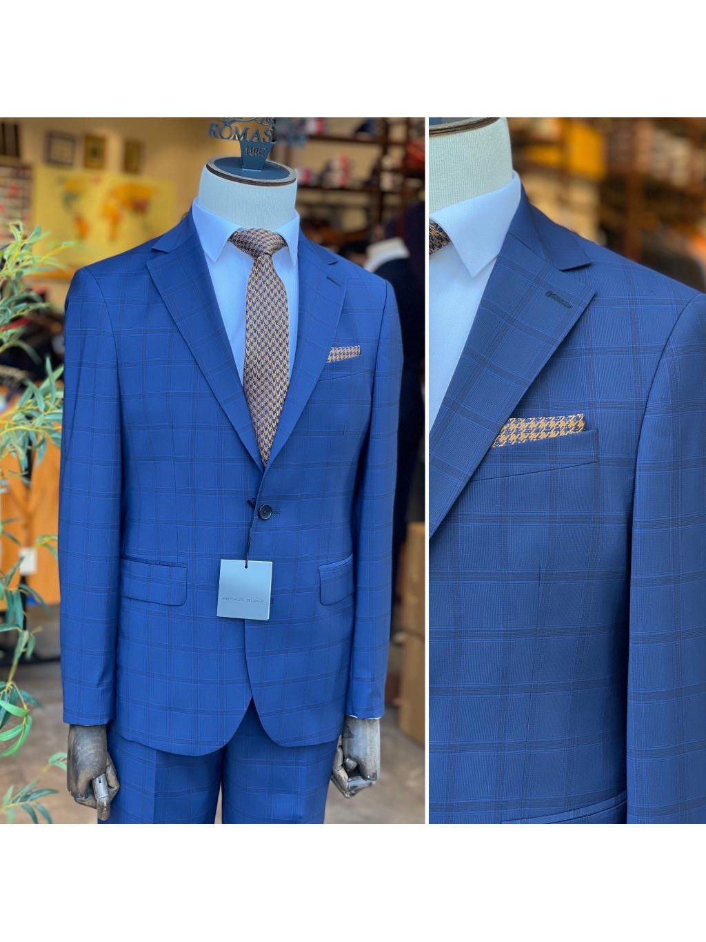 Arthur Black SUITS Arthur Black Mens Blue Plaid Slim Fit 100% VBC Wool Prehemmed Suit