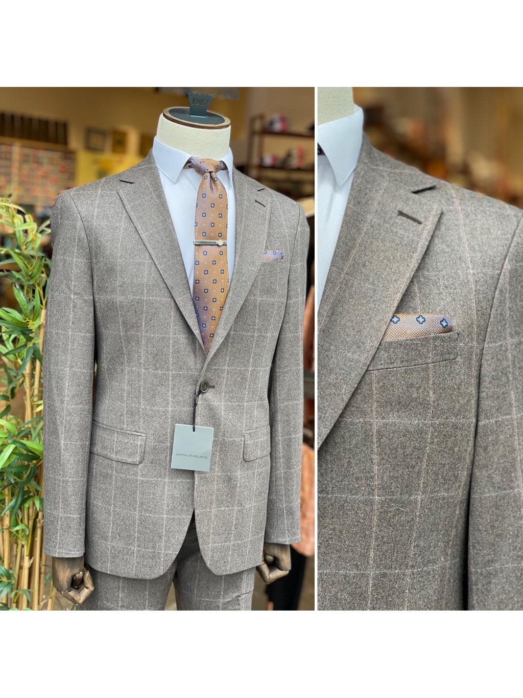 Arthur Black SUITS Arthur Black Mens Brown Check Slim Fit 100% VBC Flannel Wool Prehemmed Suit