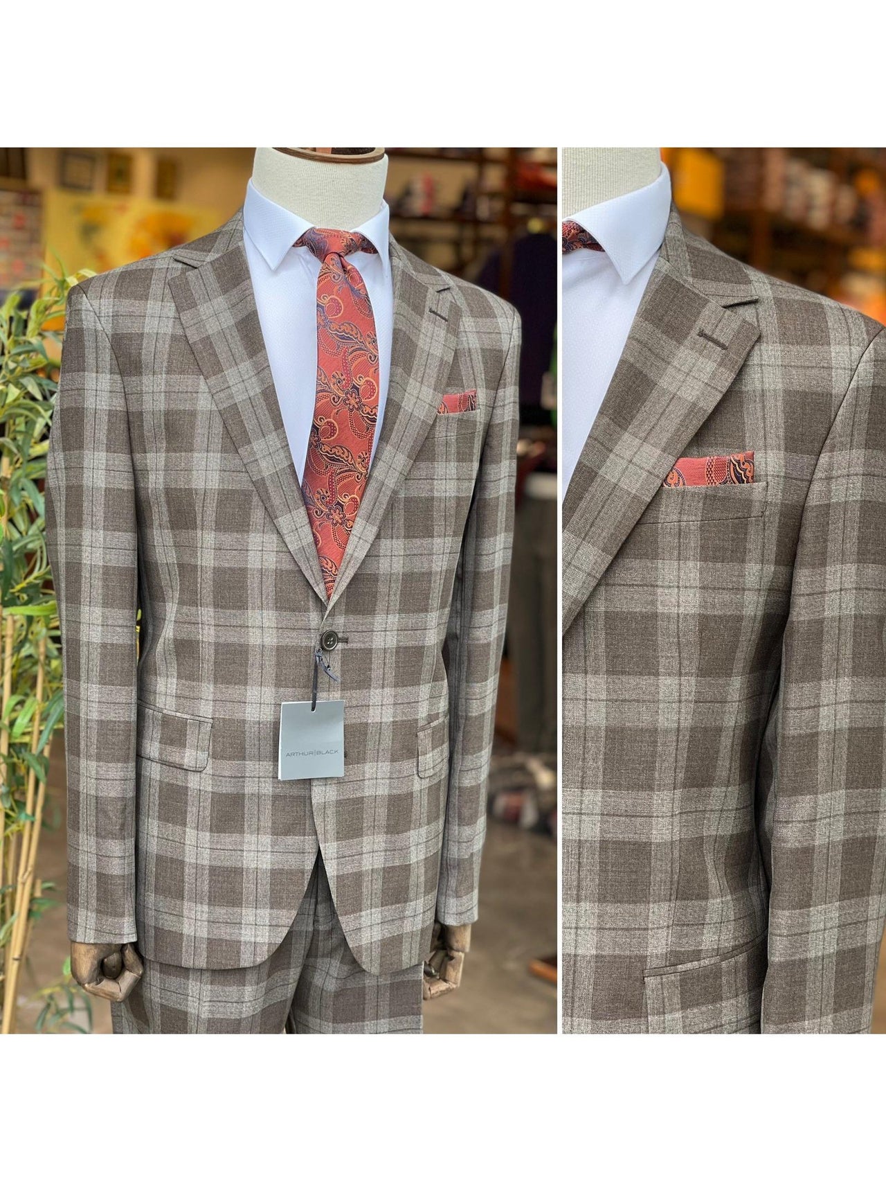 Arthur Black SUITS Arthur Black Mens Brown Plaid Slim Fit 100% VBC Wool Prehemmed Suit