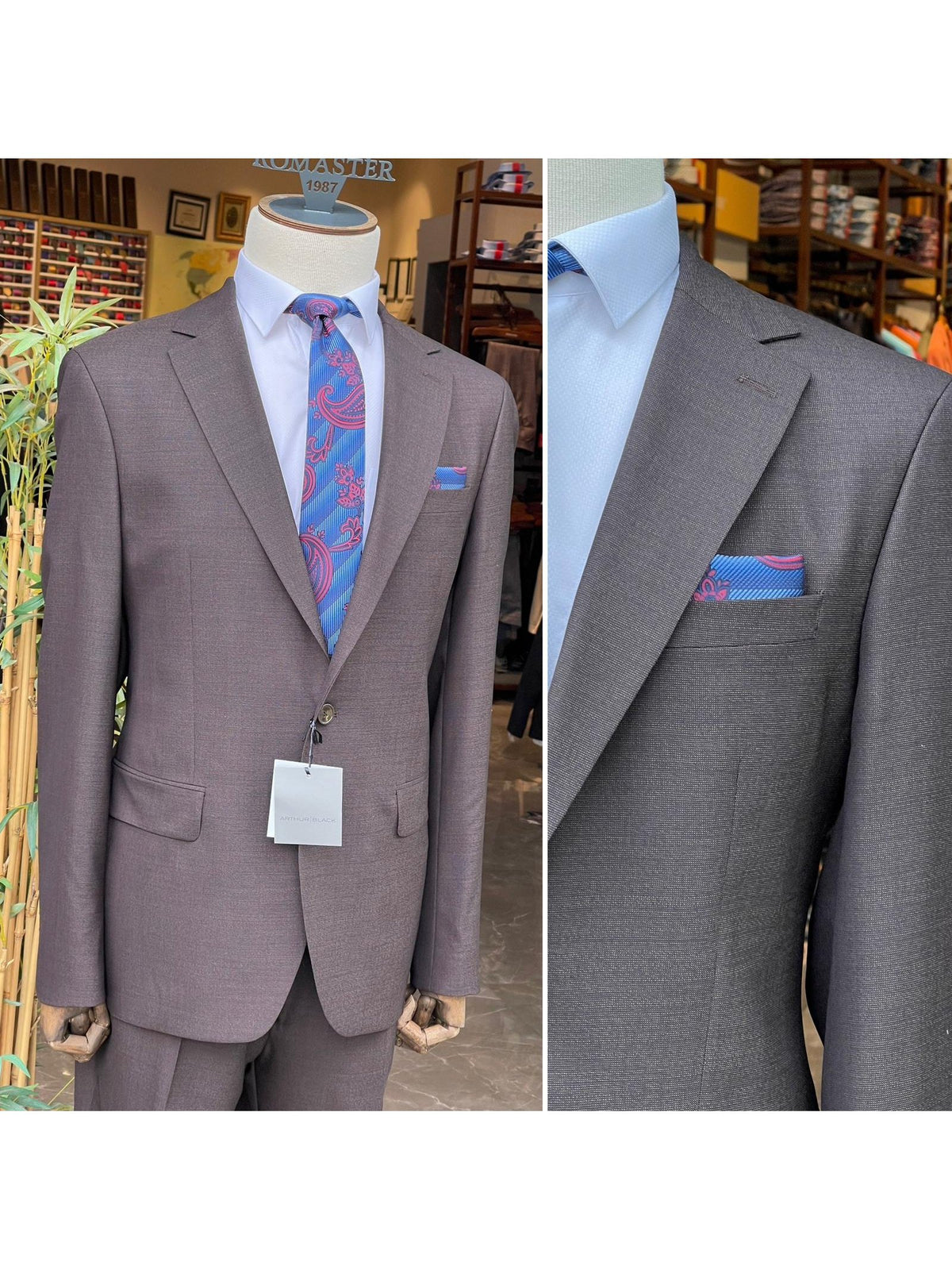 Arthur Black SUITS Arthur Black Mens Brown Slim Fit 100% VBC Wool Prehemmed Suit