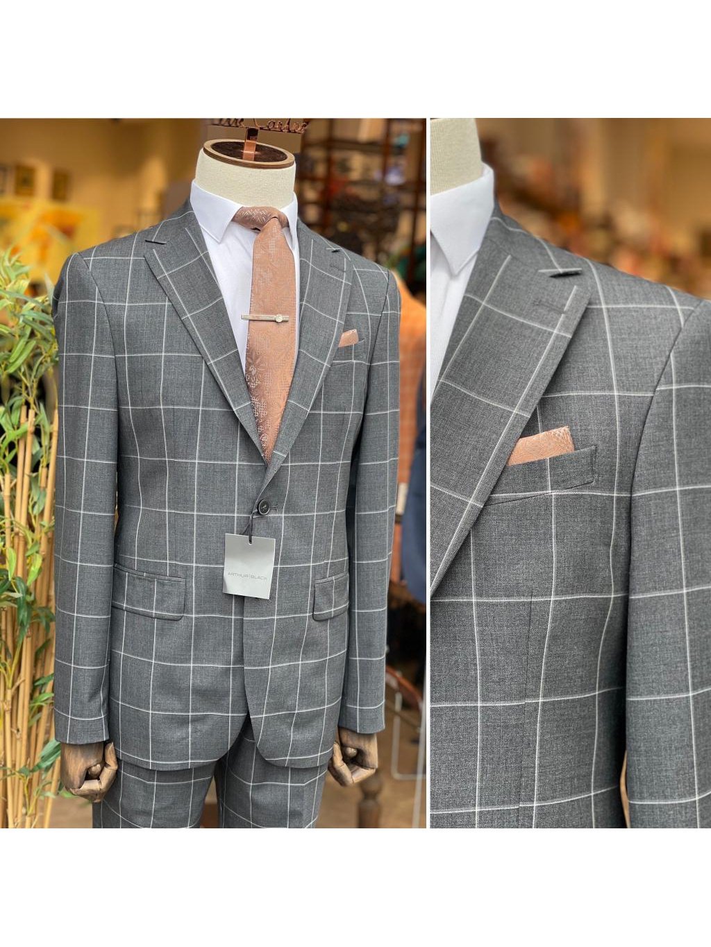 Arthur Black SUITS Arthur Black Mens Charcoal Gray Check Slim Fit 100% VBC Wool Prehemmed Suit