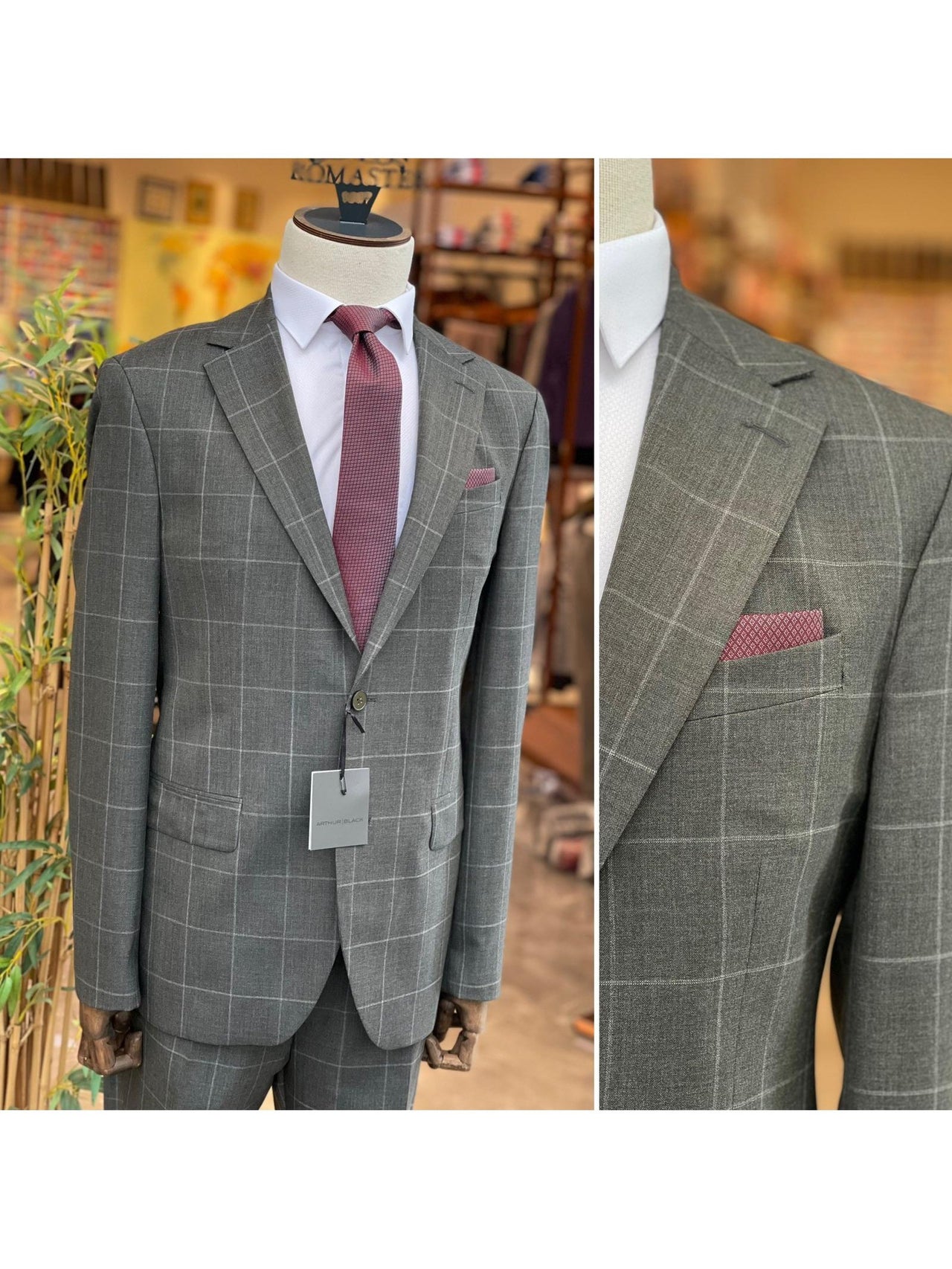 Arthur Black SUITS Arthur Black Mens Charcoal Gray Check Slim Fit 100% VBC Wool Prehemmed Suit