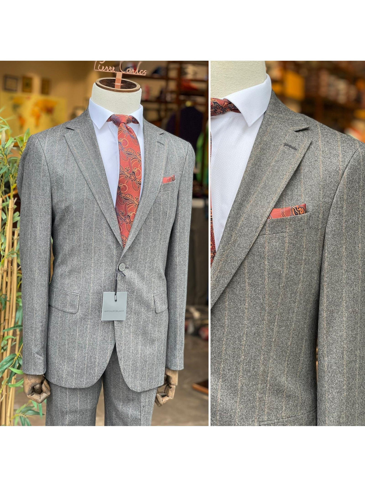 Arthur Black SUITS Arthur Black Mens Charcoal Gray Pinstriped Slim Fit 100% VBC Wool Prehemmed Suit