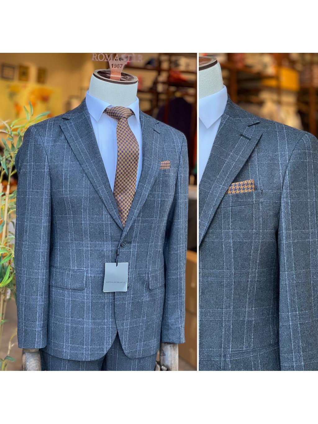 Arthur Black SUITS Arthur Black Mens Charcoal Gray Plaid Slim Fit 100% VBC Wool Prehemmed Suit