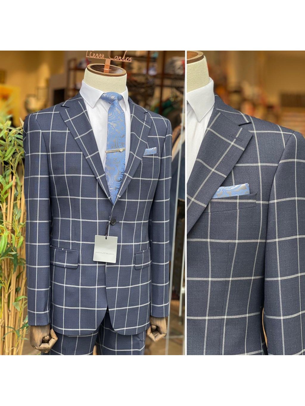 Arthur Black SUITS Arthur Black Mens Dark Blue Check Slim Fit 100% VBC Wool Prehemmed Suit