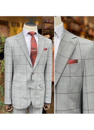 Arthur Black SUITS Arthur Black Mens Gray & Brown Check Slim Fit 100% VBC Wool Prehemmed Suit