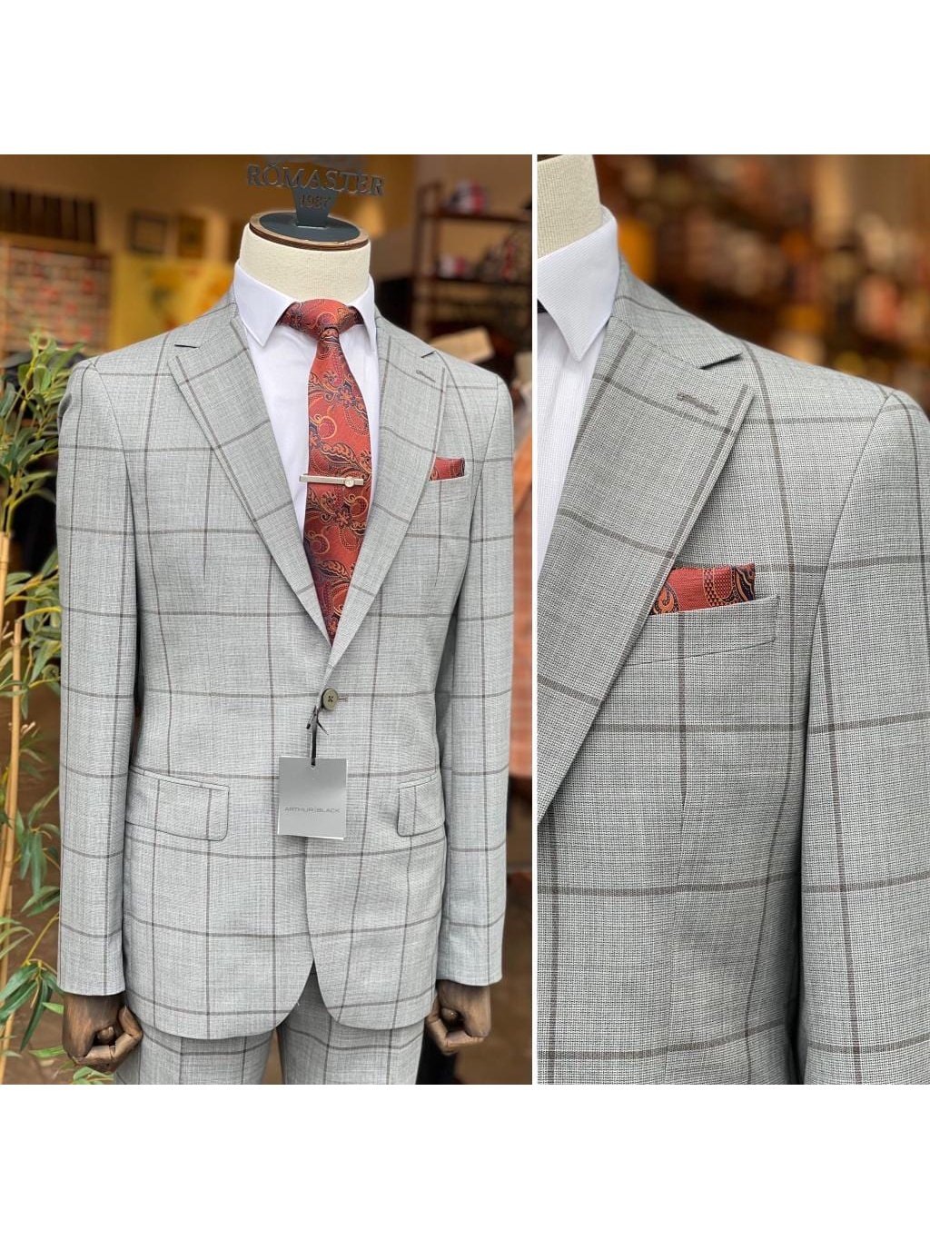 Arthur Black SUITS Arthur Black Mens Gray & Brown Check Slim Fit 100% VBC Wool Prehemmed Suit