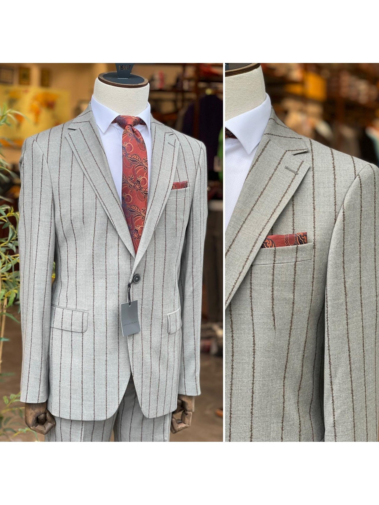 Arthur Black SUITS Arthur Black Mens Gray & Brown Pinstriped Slim Fit 100% VBC Wool Prehemmed Suit