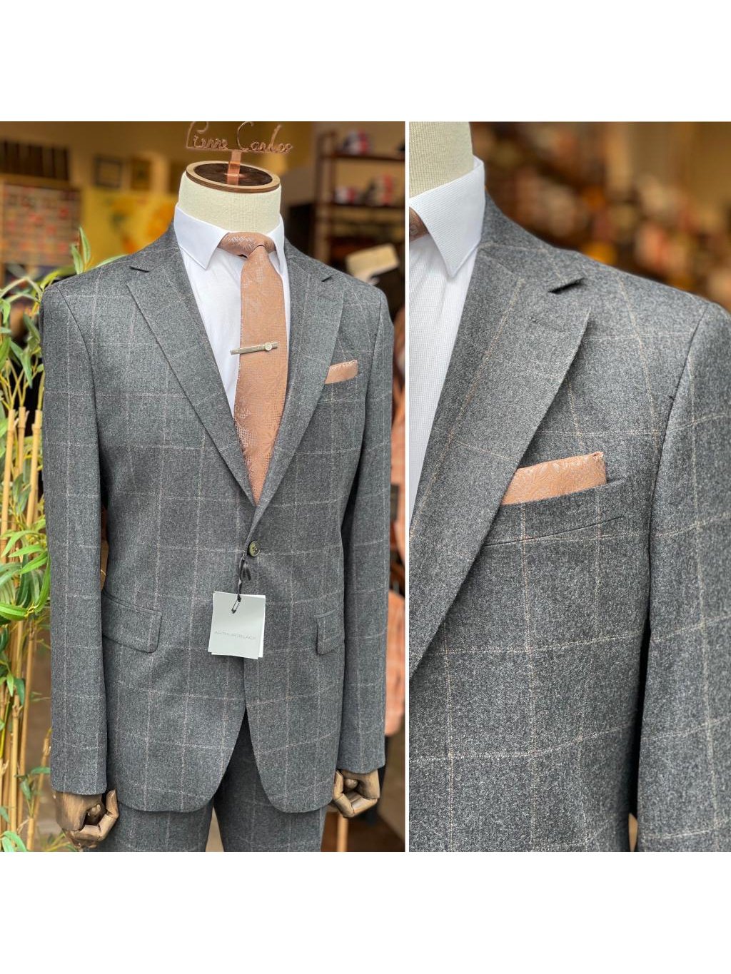 Arthur Black SUITS Arthur Black Mens Gray Check Slim Fit 100% VBC Flannel Wool Prehemmed Suit