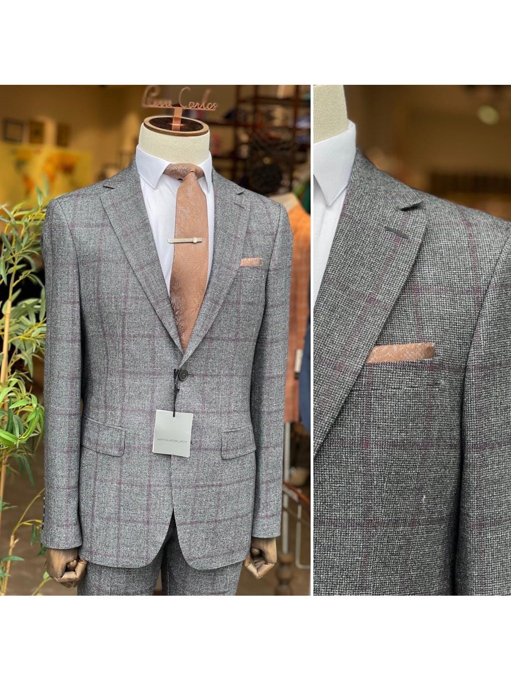 Arthur Black SUITS Arthur Black Mens Gray Check Slim Fit 100% VBC Wool Prehemmed Suit