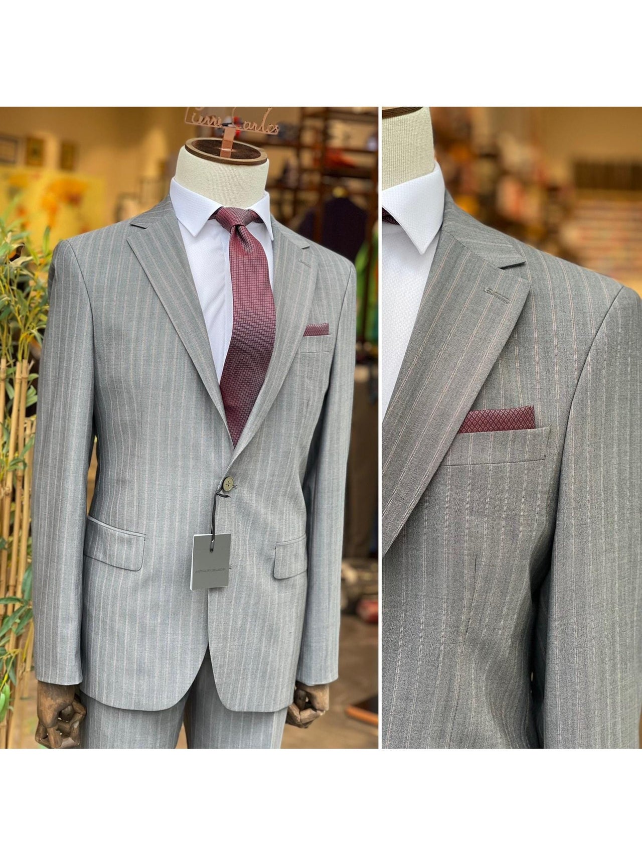 Arthur Black SUITS Arthur Black Mens Gray Pinstriped Slim Fit 100% VBC Wool Prehemmed Suit