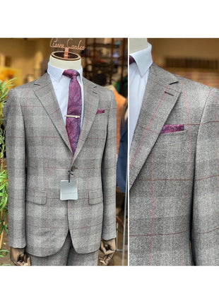 Arthur Black SUITS Arthur Black Mens Gray Plaid 100% VBC Wool Slim Fit Prehemmed 2 Piece Suit