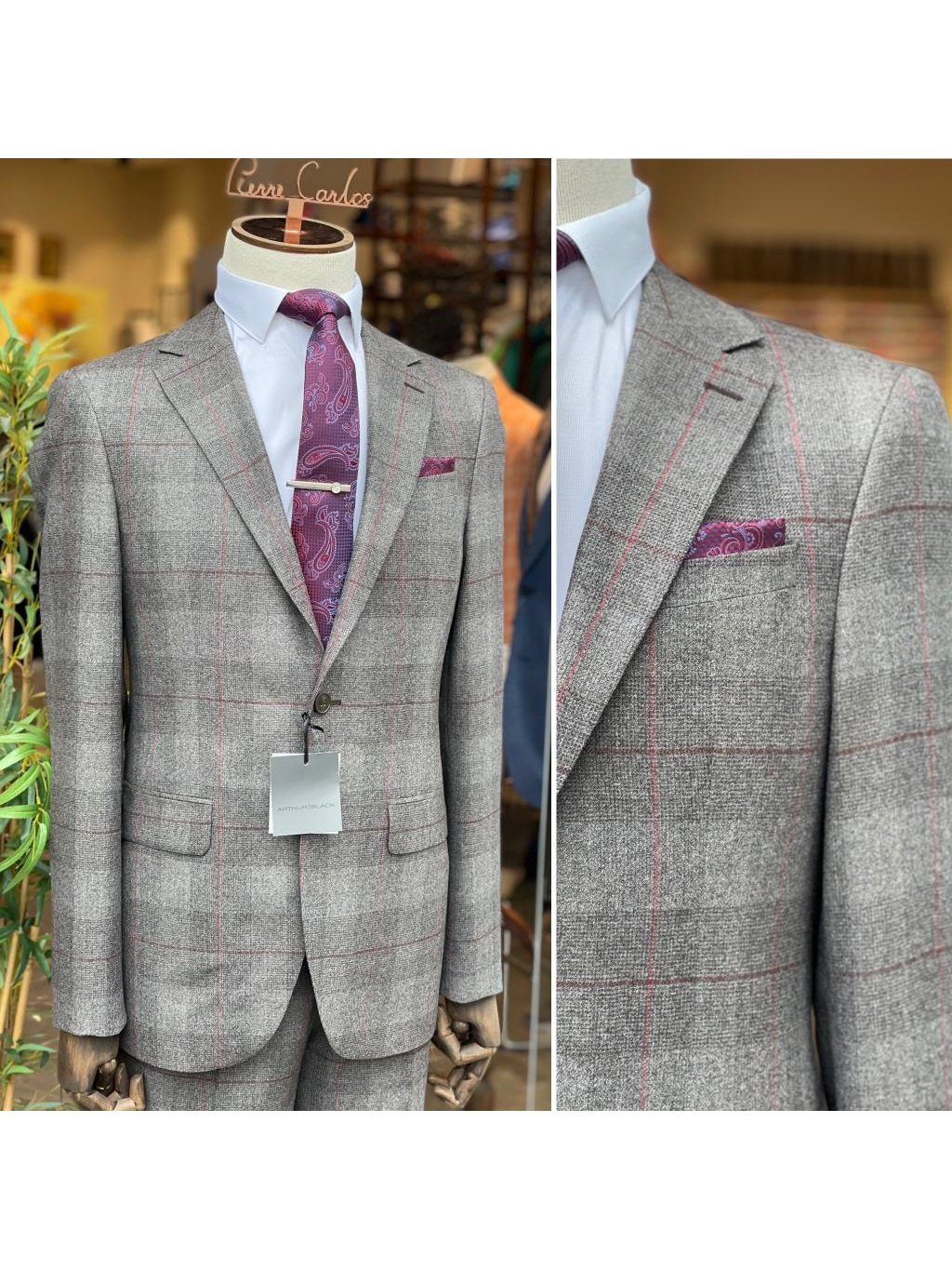 Arthur Black SUITS Arthur Black Mens Gray Plaid 100% VBC Wool Slim Fit Prehemmed 2 Piece Suit