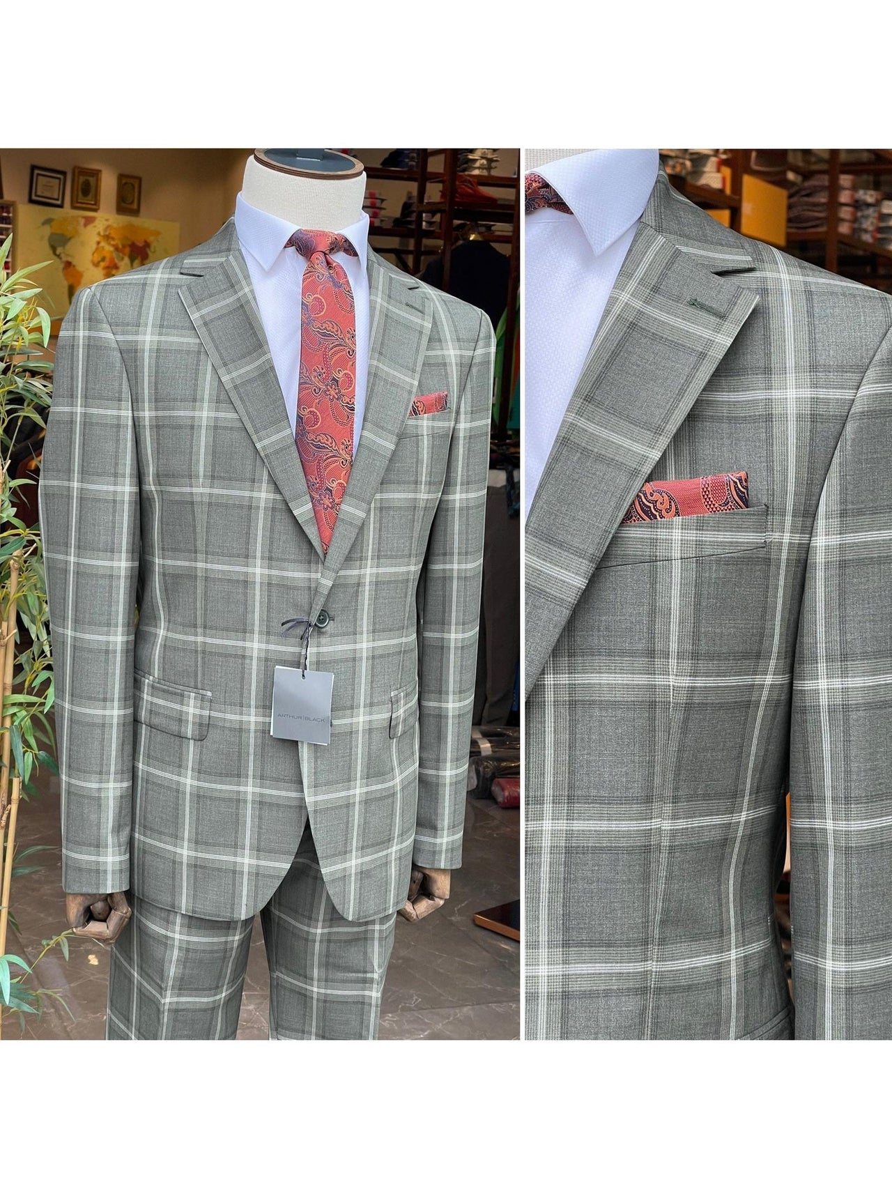 Arthur Black SUITS Arthur Black Mens Green Plaid Slim Fit 100% VBC Wool Prehemmed Suit