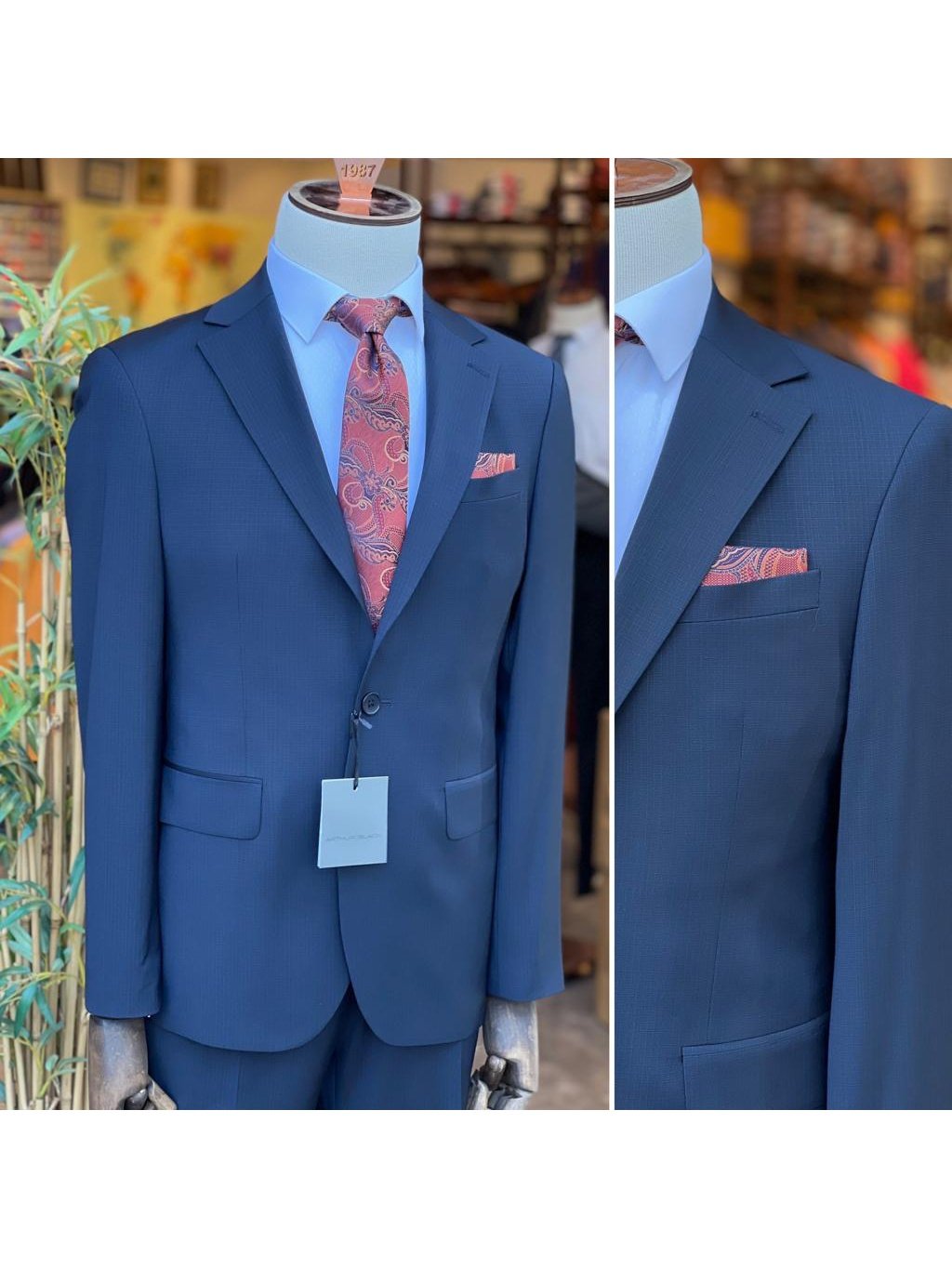 Arthur Black SUITS Arthur Black Mens Navy Blue Check Slim Fit 100% VBC Wool Prehemmed Suit