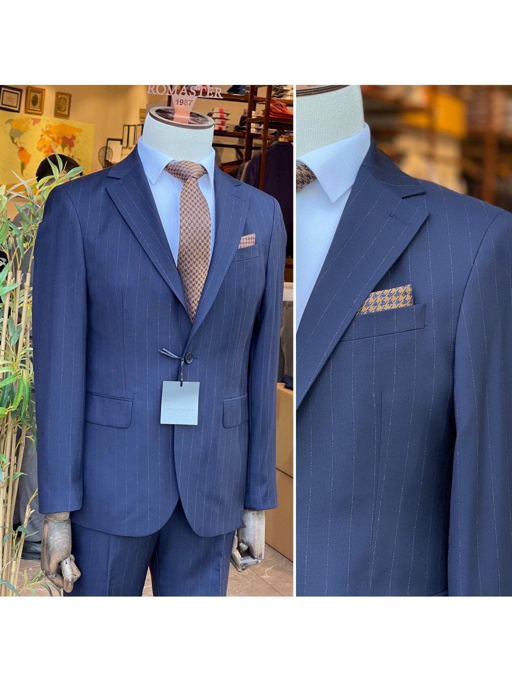 Arthur Black SUITS Arthur Black Mens Navy Blue Pinstriped Slim Fit 100% VBC Wool Prehemmed Suit