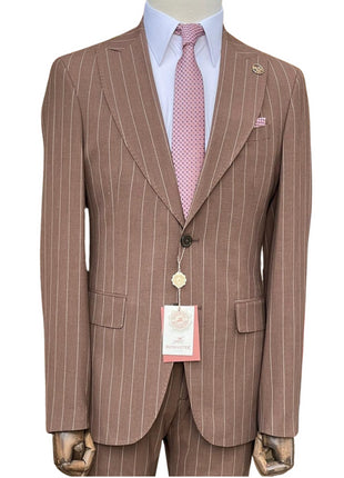 Romaster Men’s Brown Pinstripe Slim Fit Peak Lapels Stretch Wool Blend Suit