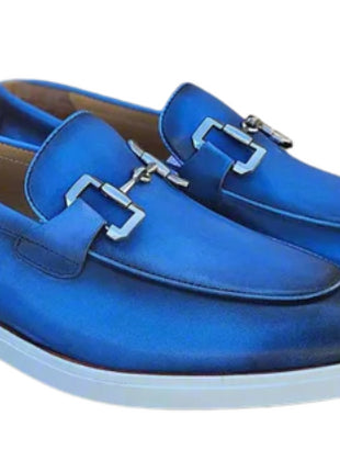 Men's Blue Leather Horsebit Loafers with Sporty White Sole