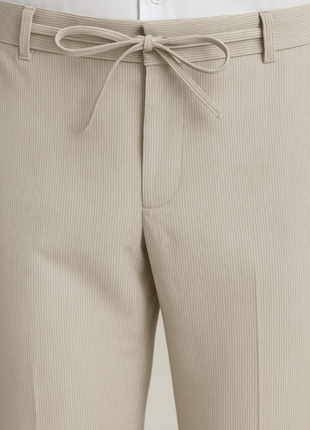 Pierre Carlos Pinstriped Beige Slim Fit Stretch Linen Suit with Drawstring Waist
