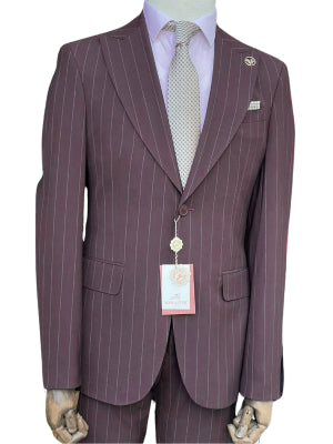 Romaster Men’s Burgundy Pinstripe Slim Fit Peak Lapels Stretch Wool Blend Suit