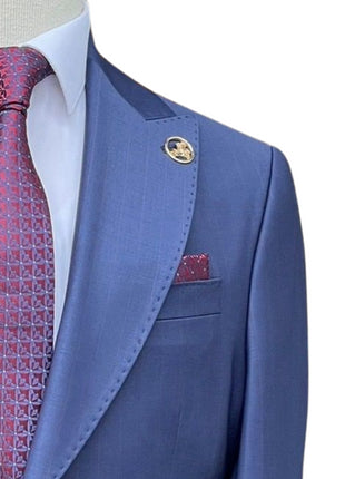 Romaster Mens Tonal Check Blue Slim Fit Peak Lapels Stretch Wool Suit
