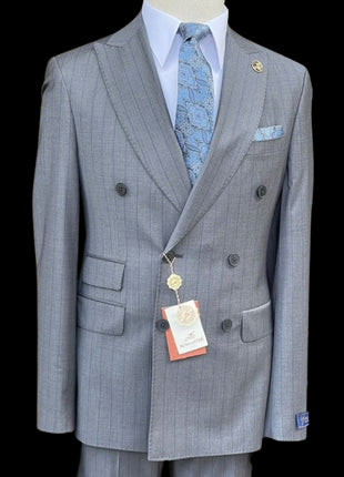 Romaster Mens Grey & Blue Pinstriped Double Breasted Stretch Wool Suit