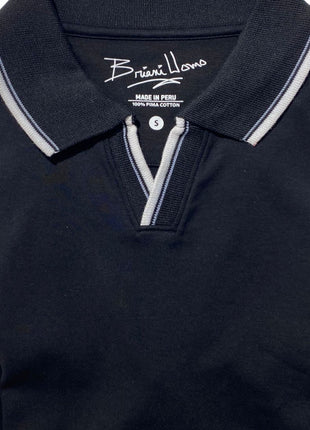 Briani Uomo Solid Black V-Collar 100% Pima Cotton Short Sleeve Polo Casual Shirt