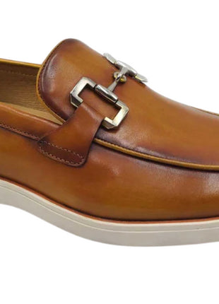Men's Cognac Leather Horsebit Loafers with Sporty White Sole