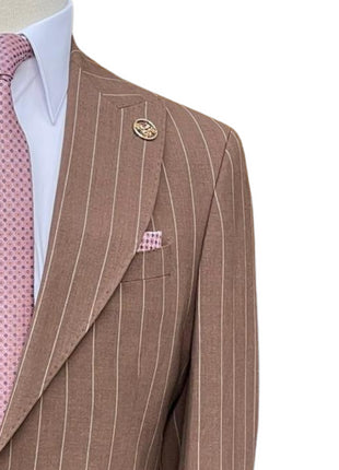 Romaster Men’s Brown Pinstripe Slim Fit Peak Lapels Stretch Wool Blend Suit