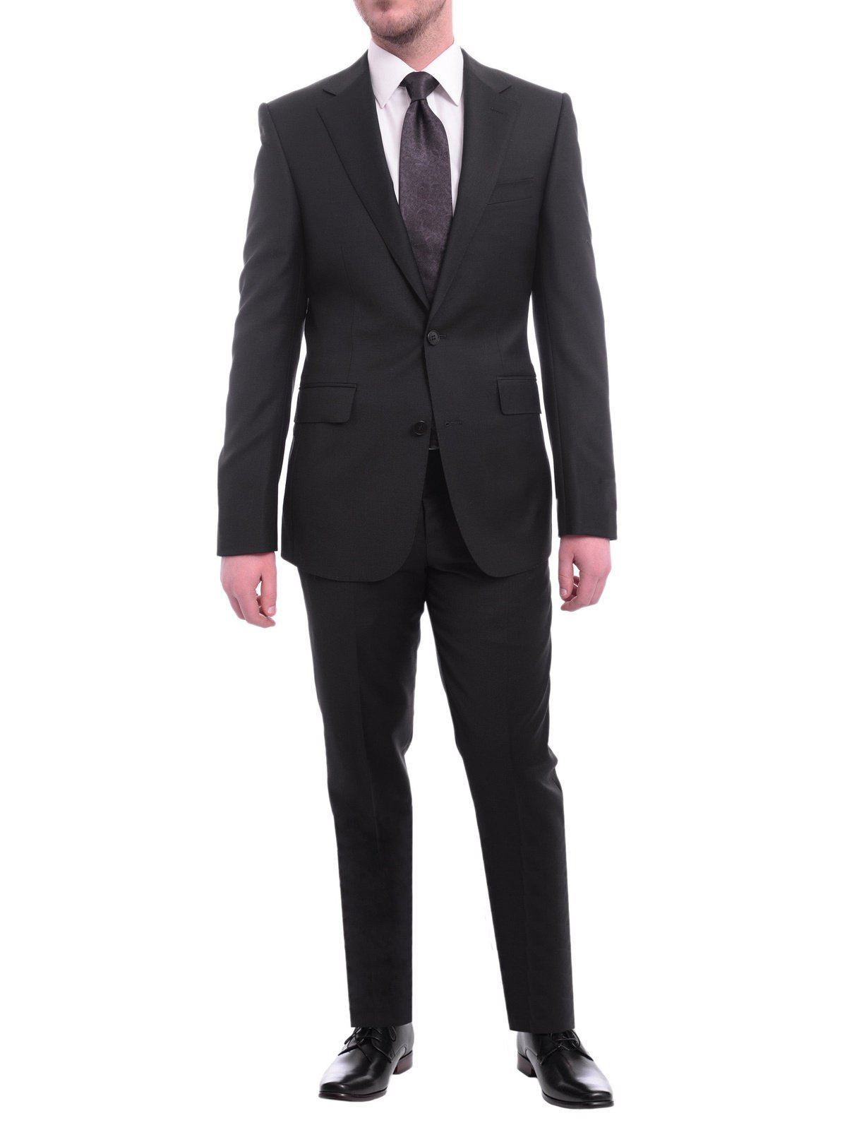 Napoli Slim Fit Solid Black Half Canvassed Wool Cashmere Blend Suit