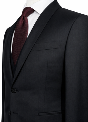 Corneliani Mens Black Textured Fully-Canvassed Shawl Lapel Slim Fit 3-Piece Wool Suit - 42R - The Suit Depot