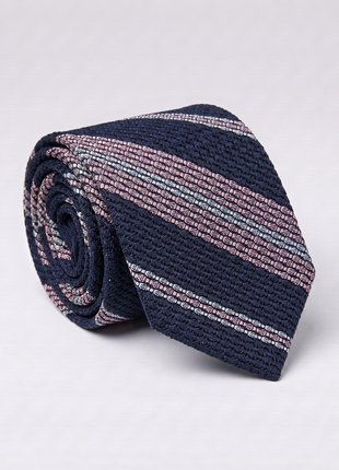 Letteriello Navy Blue & Pink Diagonal Stripe Woven Grenadine Silk Neck Tie