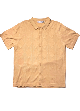 Lavane Mens Gold Textured Diamond Knit Button-Up Polo Casual Shirt