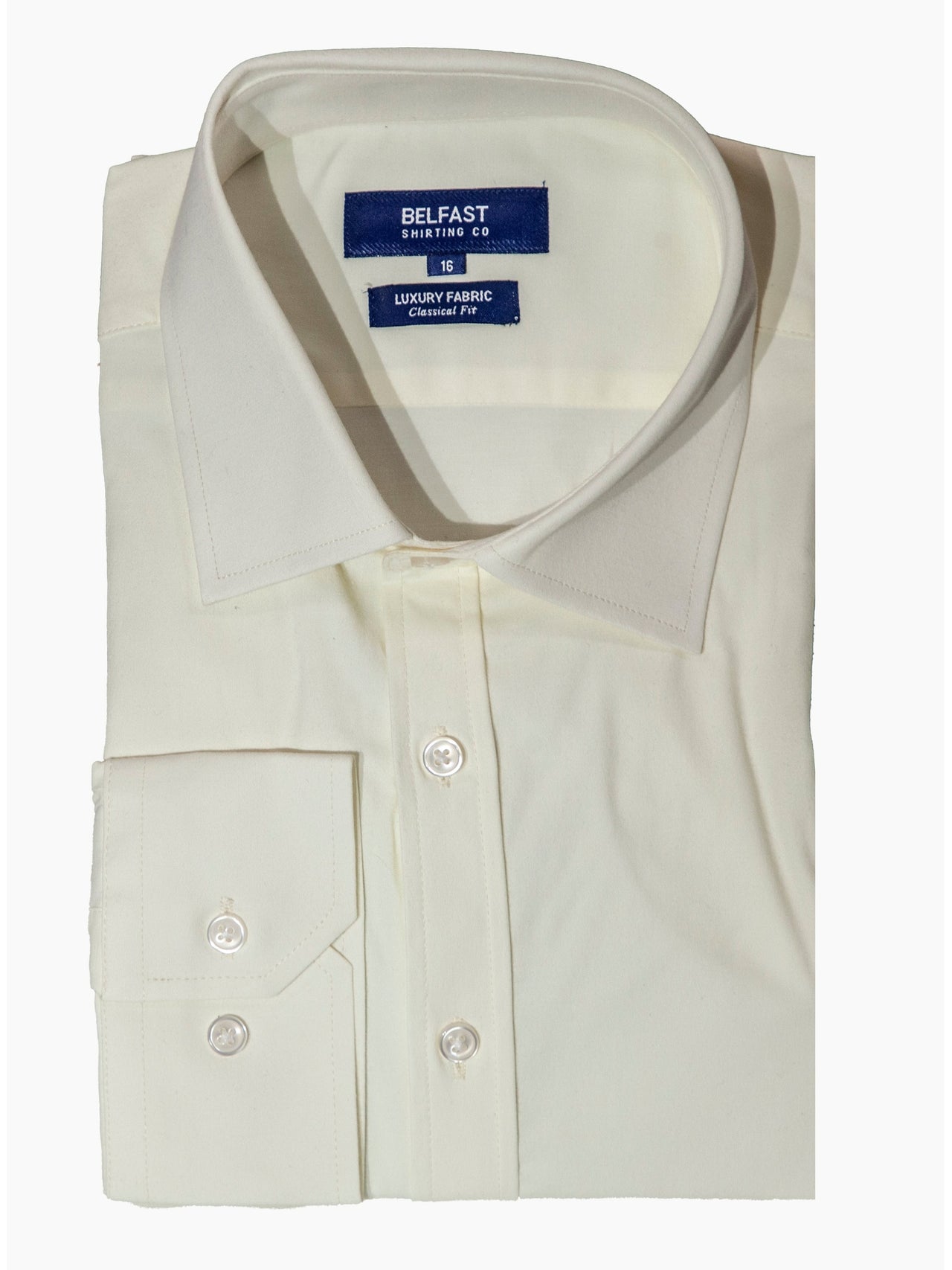 Belfast Camisa de vestir con cuello extendido de mezcla de algodón color crema sólido de ajuste clásico para hombre