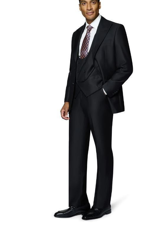 Beragamo Elegant Men's Solid Black 100% Wool Classic Fit Suit