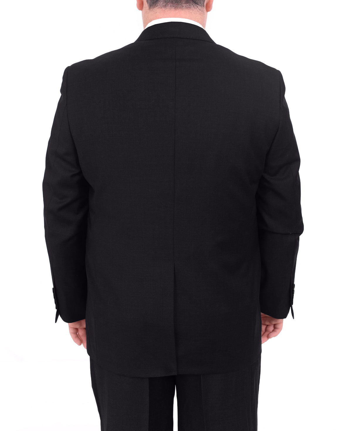Men&#39;s Portly Fit Executive Cut Solid Black Two Button 2 Piece Wool Suit