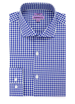 Ferrecci Blue and White Check Slim Fit Cutaway Collar Cotton Dress Shirt