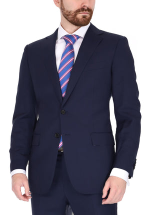 Blujacket Mens Solid Navy Blue Wool Cashmere Trim Fit 2 Piece Suit