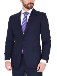 Thumbnail for Blujacket Mens Solid Navy Blue Wool Cashmere Trim Fit 2 Piece Suit