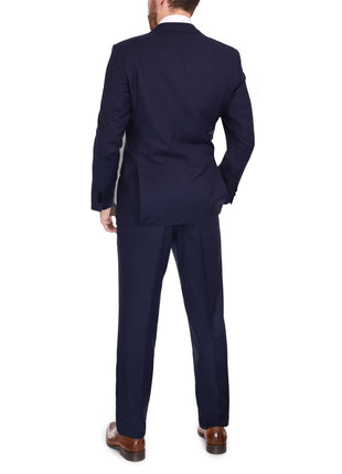 Blujacket Mens Solid Navy Blue Wool Cashmere Trim Fit 2 Piece Suit