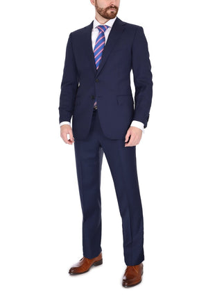 Blujacket Mens Solid Navy Blue Wool Cashmere Trim Fit 2 Piece Suit