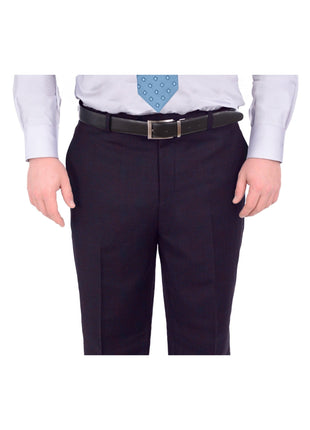 Label M Mens Portly Fit Solid Navy Blue Flat Front 100% Wool Dress Pants