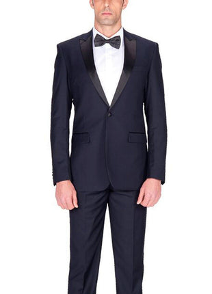 Braveman Slim Fit Navy Blue One Button Tuxedo Tux Suit With Peak Lapels - The Suit Depot