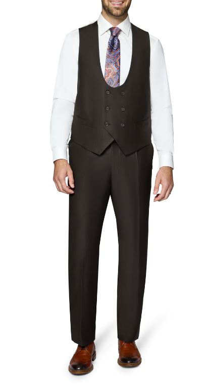 Beragamo Elegant Men's Solid Brown 100% Wool Classic Fit Vested Suit