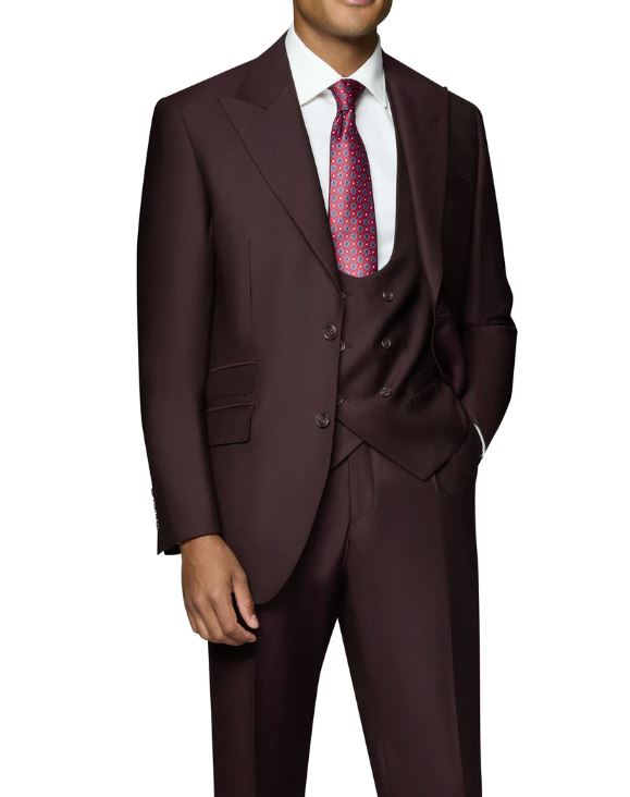 Beragamo Elegant Mens Burgundy 100% Wool Classic Fit Vested Suit with Peak Lapel