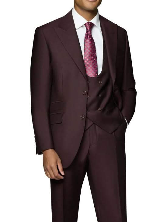 Beragamo Elegant Mens Burgundy 100% Wool Classic Fit Vested Suit with Peak Lapel