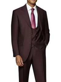 Thumbnail for Beragamo Elegant Mens Burgundy 100% Wool Classic Fit Vested Suit with Peak Lapel