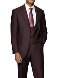 Thumbnail for Beragamo Elegant Men's Burgundy 100% Wool Slim Fit Vested Suit