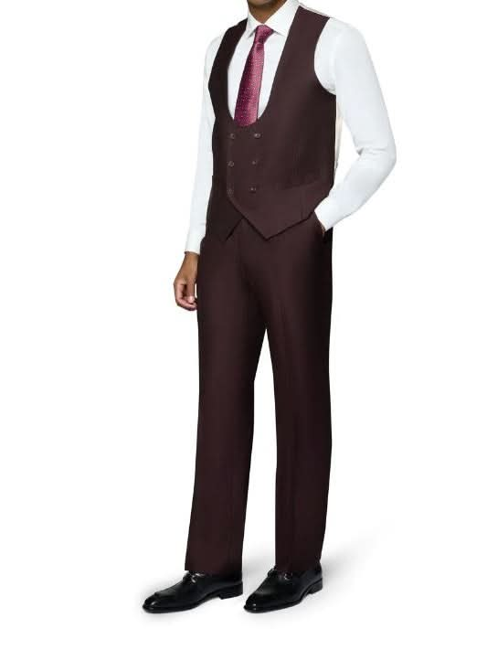 Beragamo Elegant Mens Burgundy 100% Wool Classic Fit Vested Suit with Peak Lapel